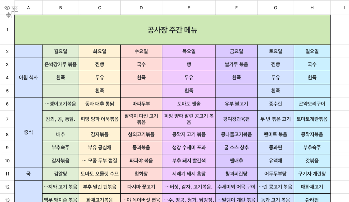 공사장 주간 메뉴